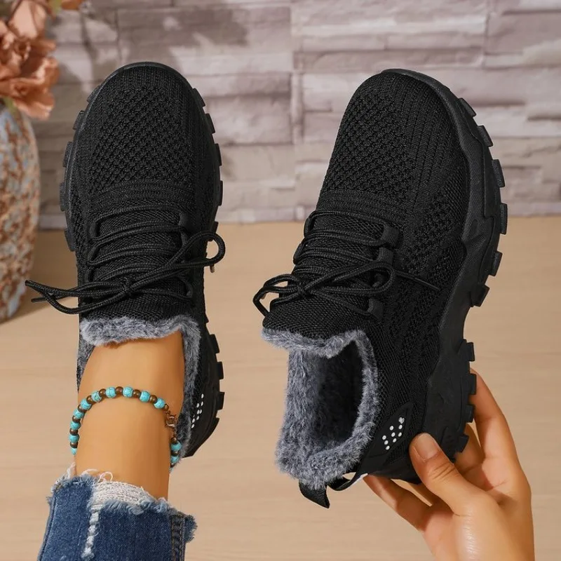 Knit Fabric Lace Up Sneakers - Dames winter thermische sneakers gebreide stof